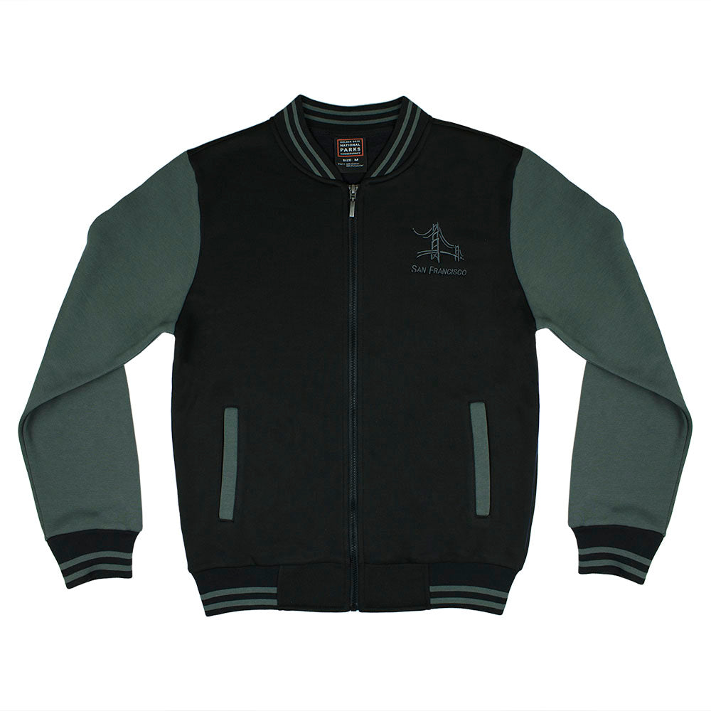 Black varsity style San Francisco jacket with grey sleeves, by the Golden Gate National Parks Conservancy