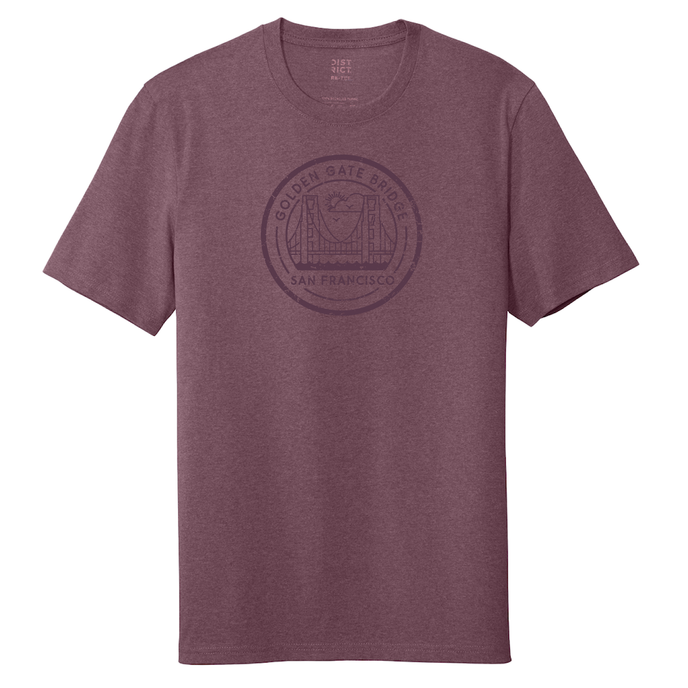 Maroon t-shirt with screen-printed illustration of Golden Gate Bridge San Francisco