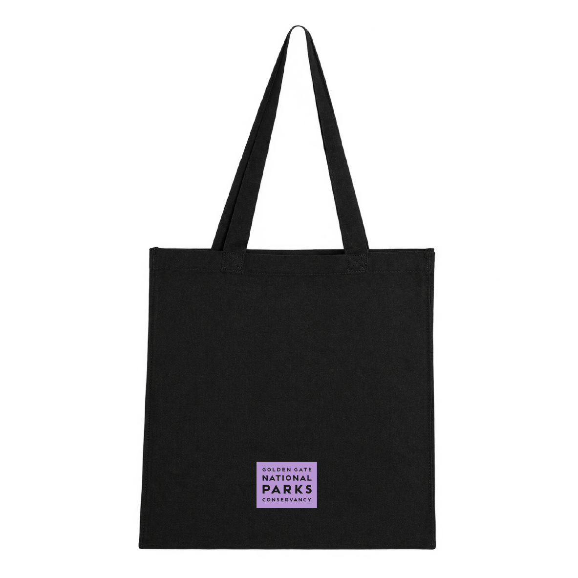Black tote bag with purple Alcatraz Island design and screenprint, back side with logo, limited edition by the Golden Gate National Parks Conservancy.