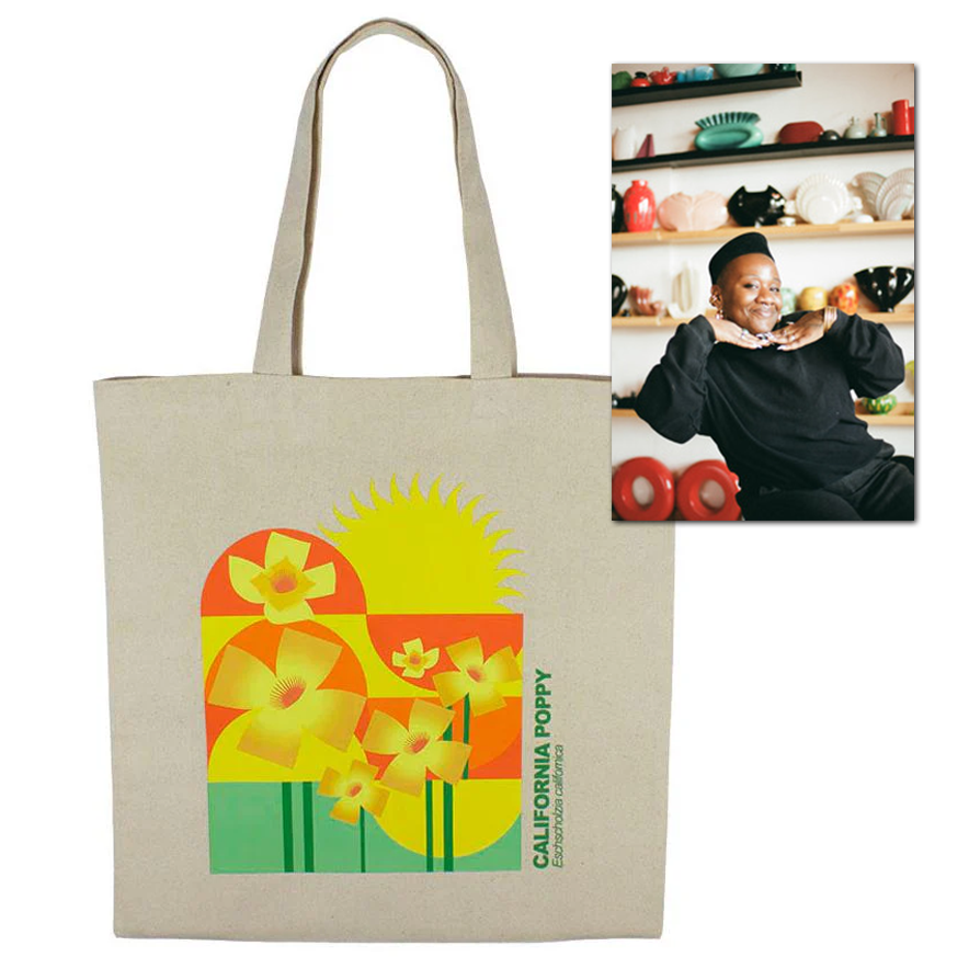 Khaki tote bag with multi-color poppy art by Tosha Stimage, with head shot of Tosha overlaid