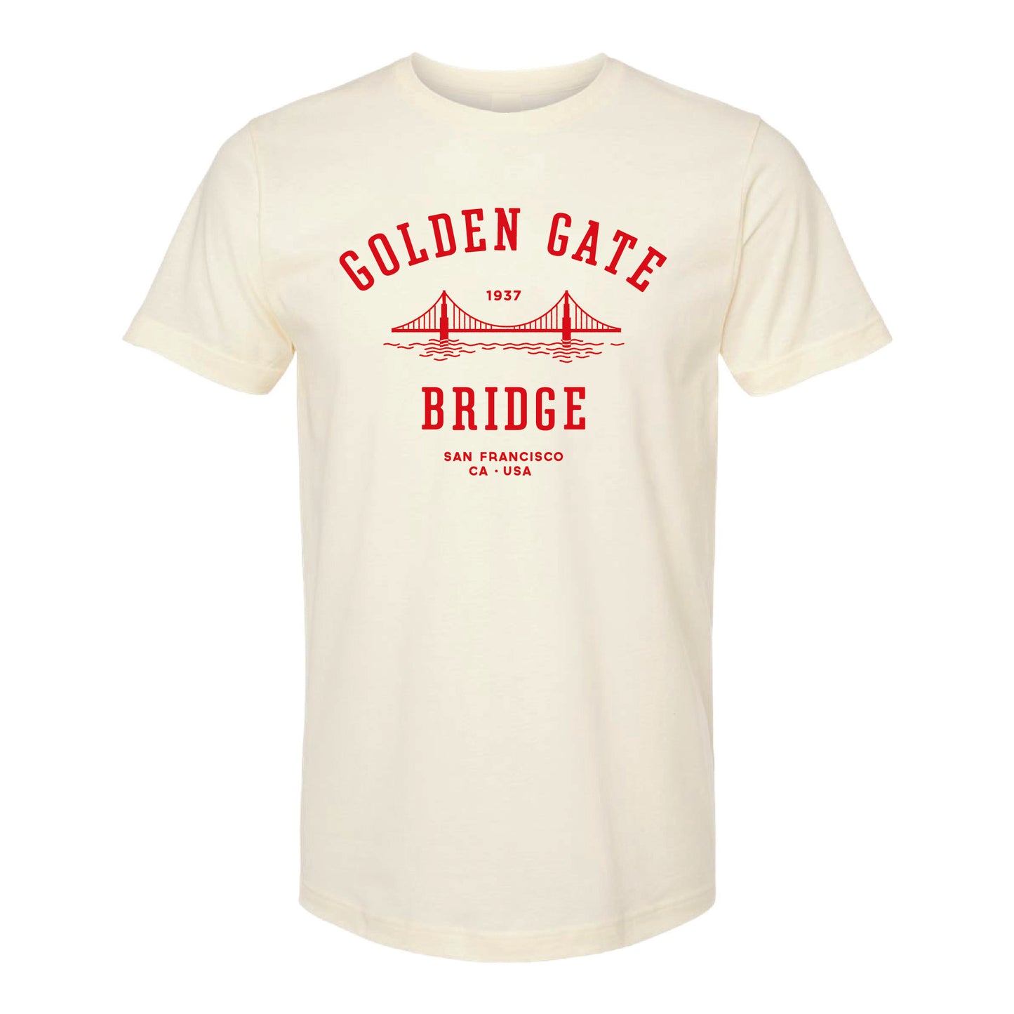 Cream colored crewneck t-shirt with red Golden Gate Bridge retro-inspired design screen-printed on chest, by the Golden Gate National Parks Conservancy