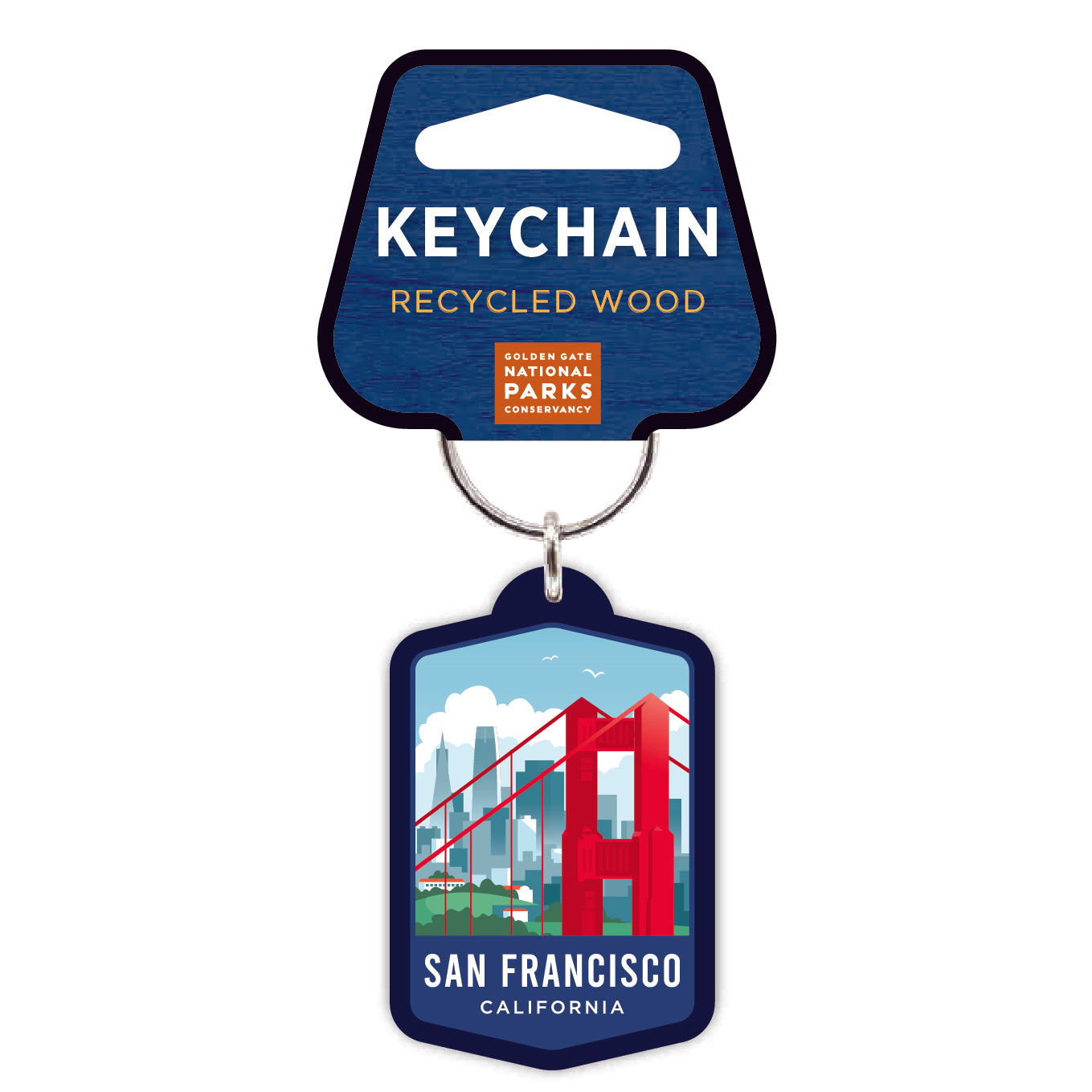 A keychain with a printed image of the Golden Gate Bridge, with a label indicating it is made from recycled wood.