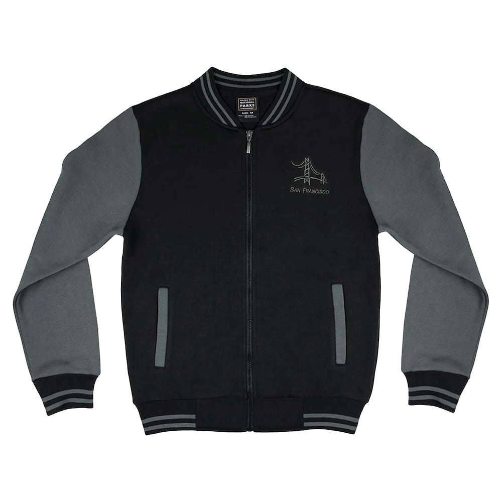 Black varsity style San Francisco jacket with grey sleeves, by the Golden Gate National Parks Conservancy