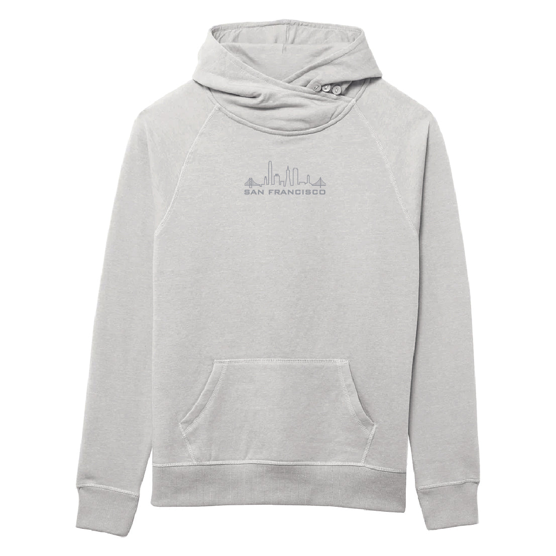 Light grey hoodie with asymmetrical button hood and screen printed San Francisco skyline text and design on chest