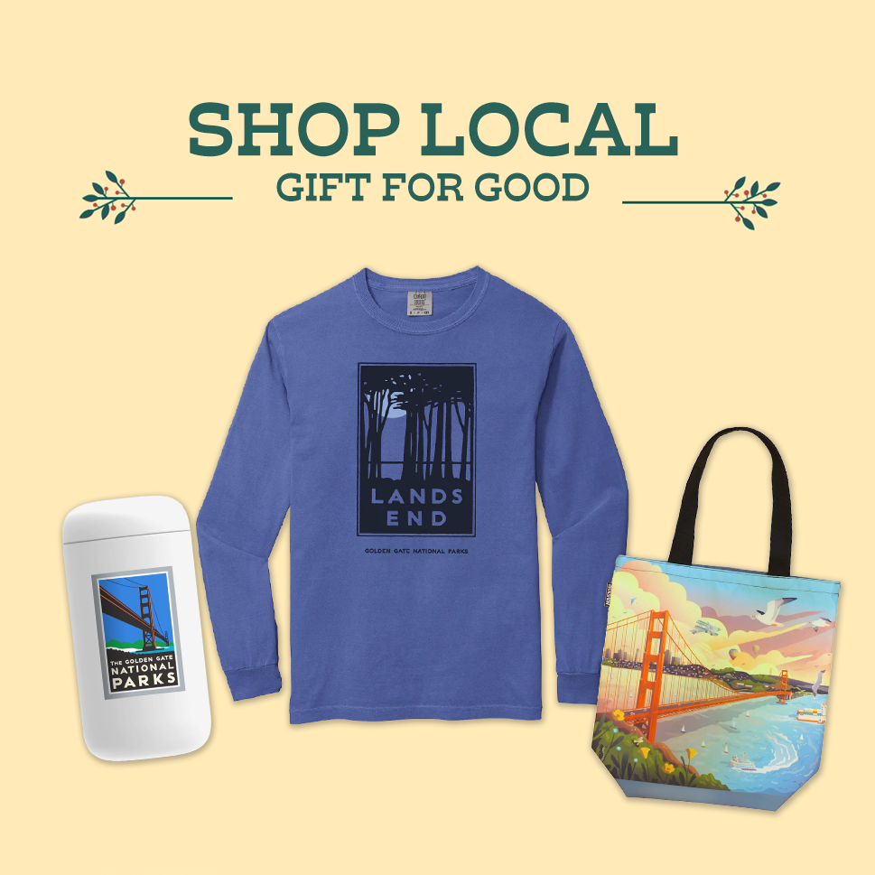 2025 Holiday Gift Guide banner with text Shop Local Gift for Good and purple long sleeve t-shirt, white Golden Gate Bridge thermos, and colorful Golden Gate Bridge tote bag