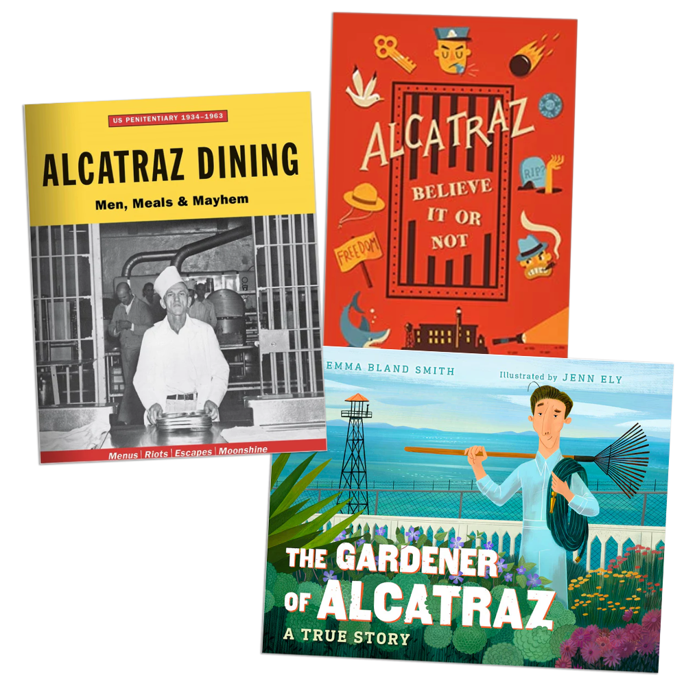 A grouping of Alcatraz history books and books for kids