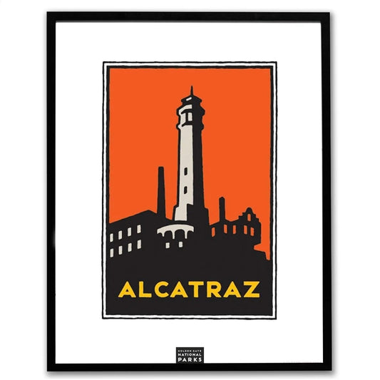 Alcatraz lighthouse poster in black frame, art by Michael Schwab, the Golden Gate National Parks Conservancy