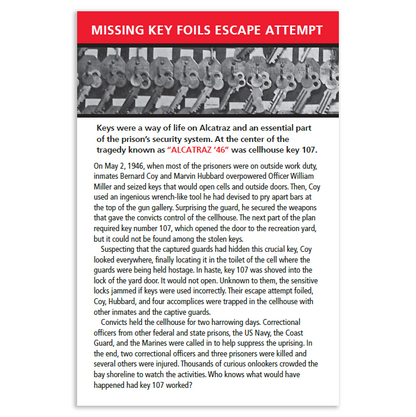 Interpretive gift card for replica Alcatraz cellhouse key, featuring information about the 1946 escape attempt.