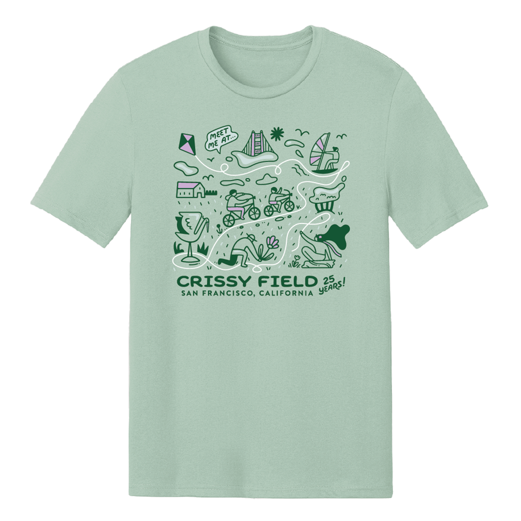 Light green t-shirt with screen-printed illustrations of Crissy Field Celebrating 25 Years Anniversary by Golden Gate National Parks Conservancy