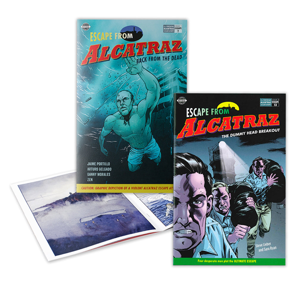Group shot of Escape from Alcatraz comic books, produced by the Golden Gate National Parks Conservancy