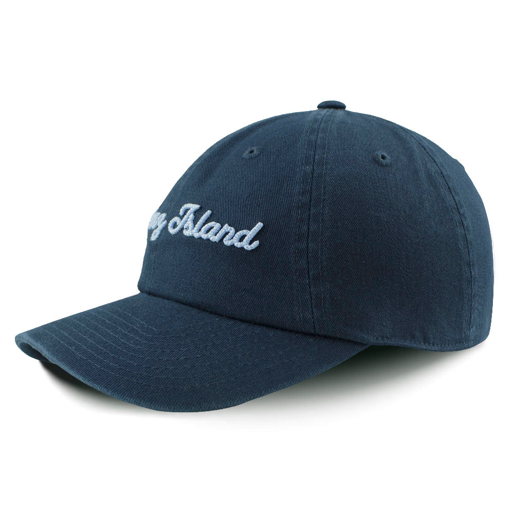 Navy blue cap with 'Alcatraz Island' script text on a white background