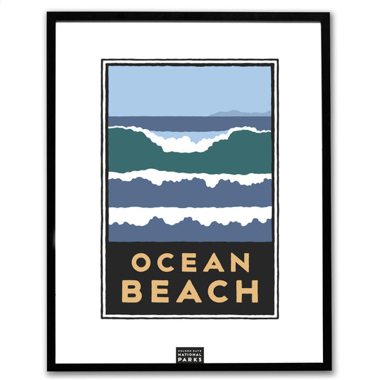 Ocean Beach giclee poster in black frame, art by Michael Schwab, the Golden Gate National Parks Conservancy