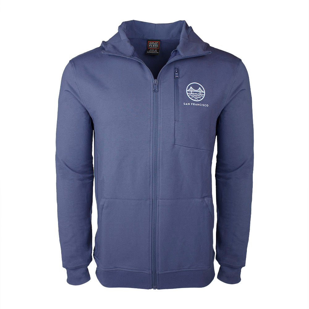 Blue hoodie with San Francisco Golden Gate Bridge logo on a white background