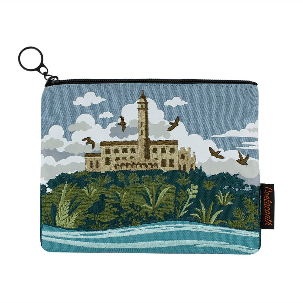 Zipper pouch with an embroidered Alcatraz Island design on a blue background