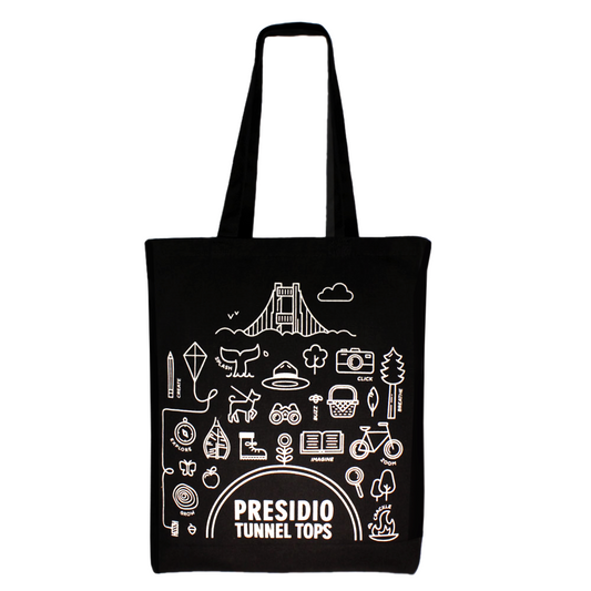 Black cotton tote bag with white Presidio Tunnel Tops design on front.