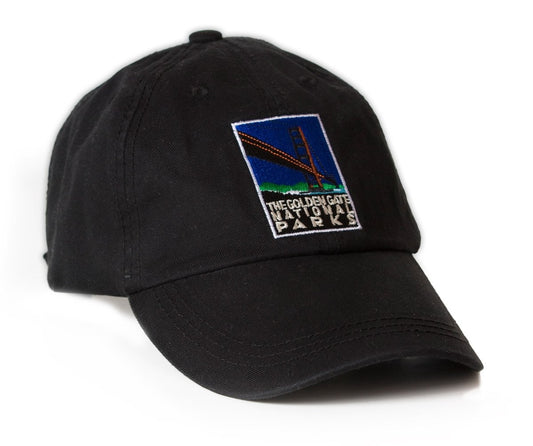 Black baseball cap with colorful embroidered design of Golden Gate National Parks Bridge design. Artwork by Michael Schwab.