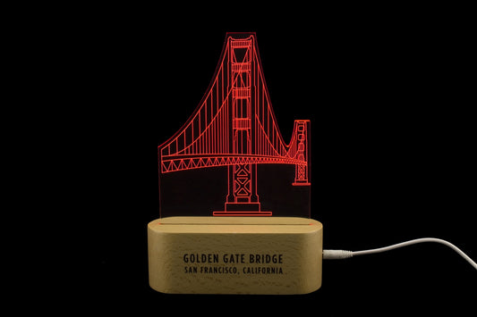 Golden Gate Bridge LED accent table lamp with USA beechwood base and two-color (red and white) settings.