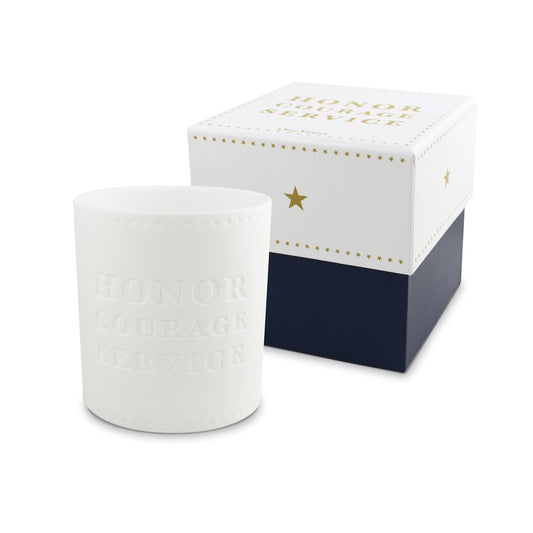 White votive tealight candle holder with words "Honor Courage Service" and border of stars along top and bottom.